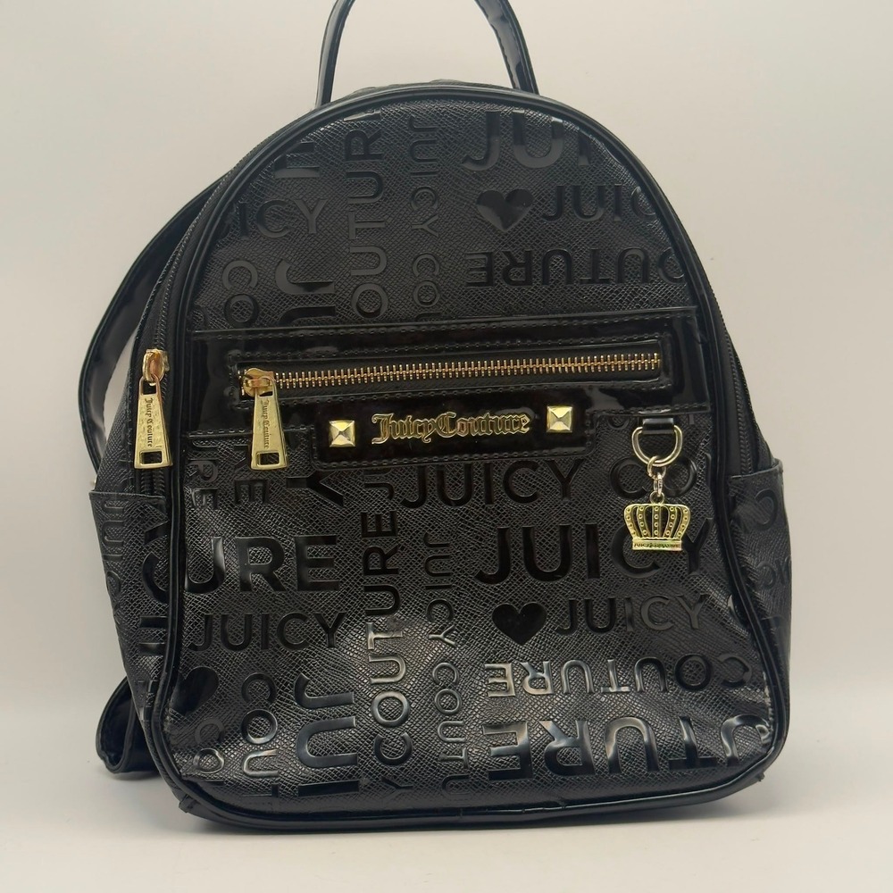 Juicy Couture Word Play Backpack Black Embossed Logo Gold Crown Charm Y2K